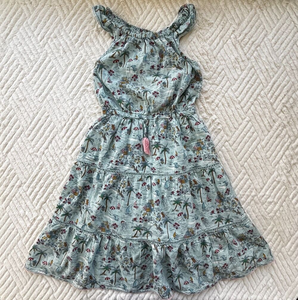 Fat Face Girls Size 7-8Y Beach Print Tiered Dress Aqua Tassel Summer Cotton Boho